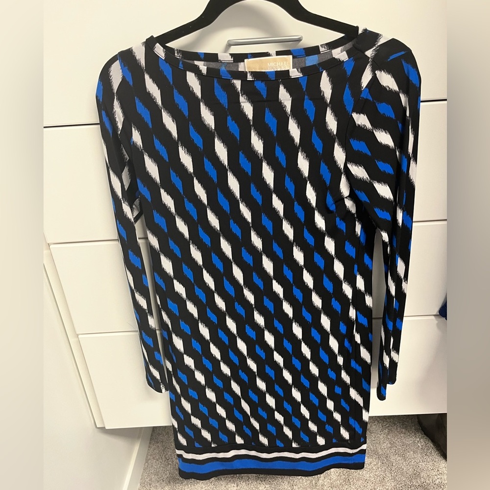 Michael Kors black blue white long sleeve mini dress size XS